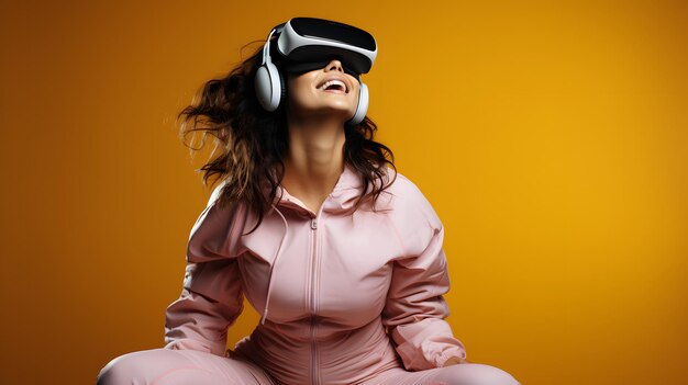 Foto mujer joven con auriculares de realidad virtual