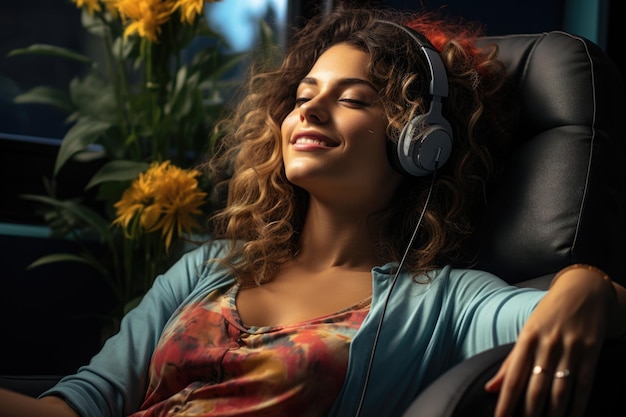 Foto mujer joven en auriculares relajándose recostada en una silla cómoda con piernas en la mesa en casa