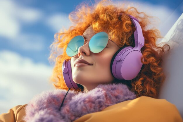 Mujer joven con auriculares y ropa de invierno colorida con un fondo de cielo