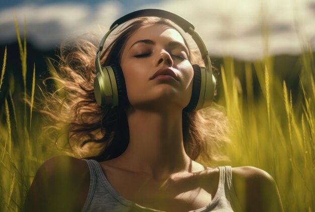 Foto mujer joven con auriculares sobre gras verde en un momento relajante