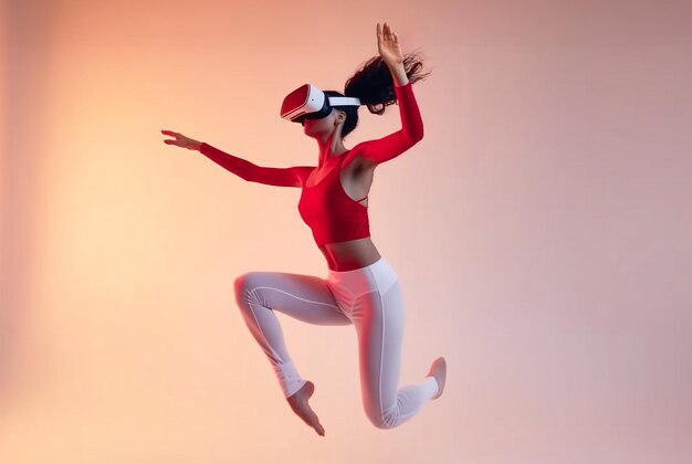 una mujer joven con auriculares VR saltando en el aire en el estilo de la realidad virtual de color rojo claro