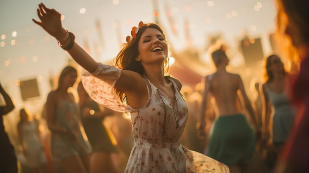 mujer joven bailando y disfrutando de su música de verano en un parque