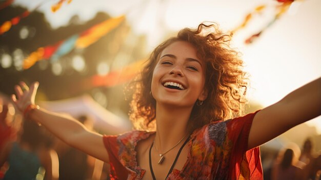 Foto mujer joven bailando y disfrutando de su música de verano en un parque