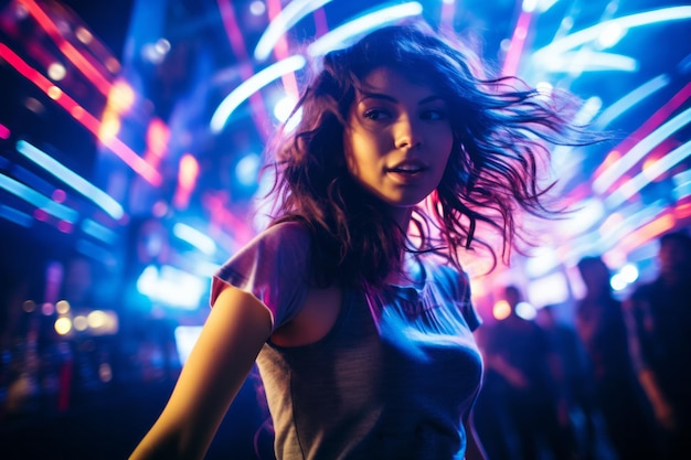 mujer joven bailando con luces de neón