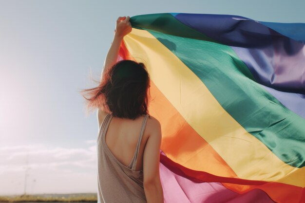 Mujer joven con una bandera del arco iris en su concepto de libertad de mano