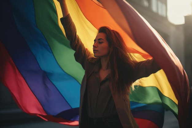 Mujer joven con una bandera del arco iris en su concepto de libertad de mano