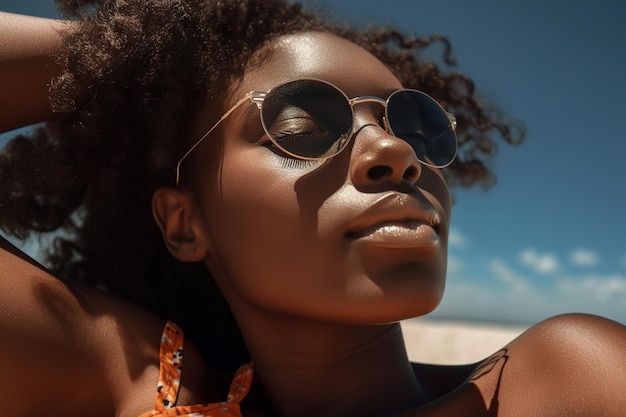 Mujer joven bastante negra con gafas de sol relajándose en la playa en un día soleado Retrato de una hermosa mujer afroamericana con los ojos cerrados disfrutando de las vacaciones AI generativa