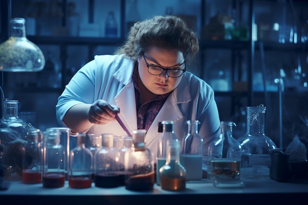 Mujer joven con bata de laboratorio de gran tamaño en medio de vasos y productos químicos