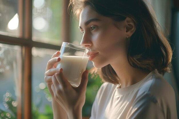 Una mujer joven bebe leche para fortalecer los huesos en casa.