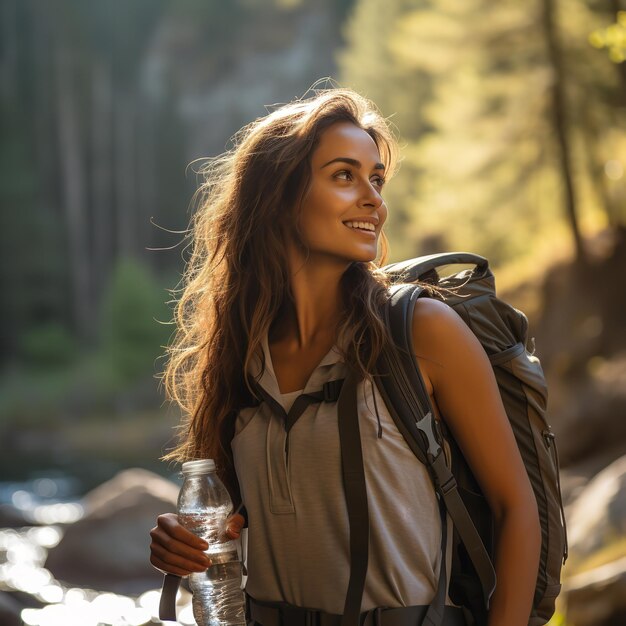 Mujer joven bebiendo agua con mochila en el bosque Ai generativo