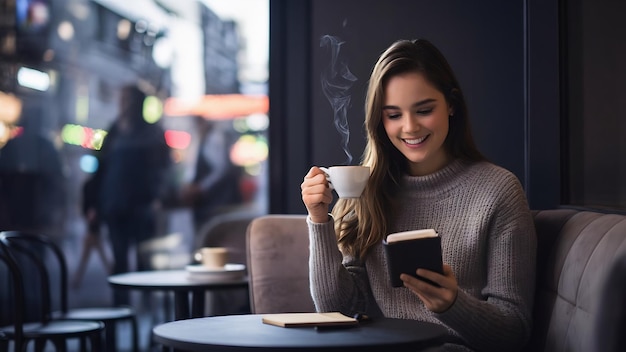 Mujer joven bebiendo café y usando un lector de libros electrónicos