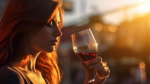 mujer joven bebiendo una copa de vino tinto creado utilizando herramientas de IA generativas