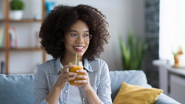 Mujer joven bebiendo jugo en casa.