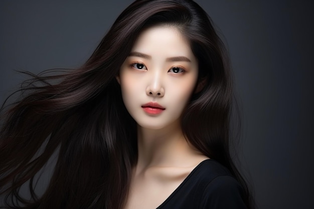 Mujer joven de belleza asiática modelo de cabello largo con estilo de maquillaje coreano en la cara