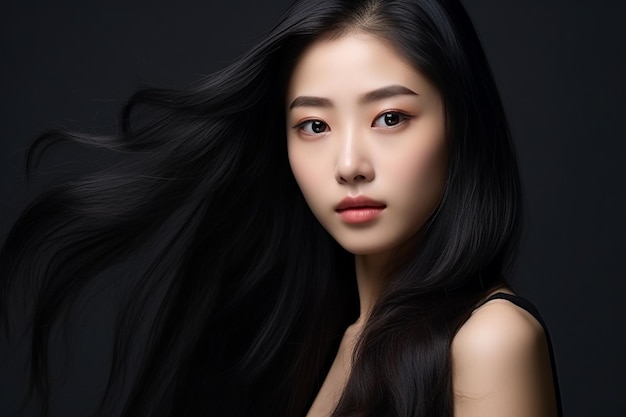 Mujer joven de belleza asiática modelo de cabello largo con estilo de maquillaje coreano en la cara