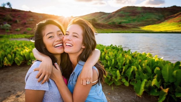 Mujer joven besando a sus amigas al aire libre