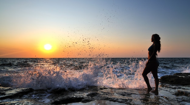 Mujer joven en bikini de pie sobre las rocas