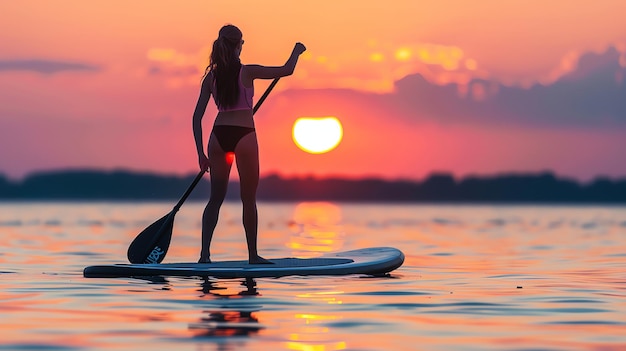 Una mujer joven en bikini remando una tabla de remo de pie a través de un lago al atardecer