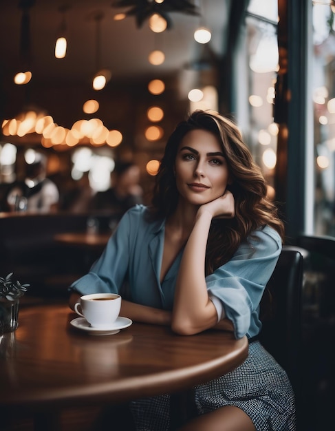 Mujer joven con blusa gris y una mirada soñadora sonriendo en una cafetería con una taza de café