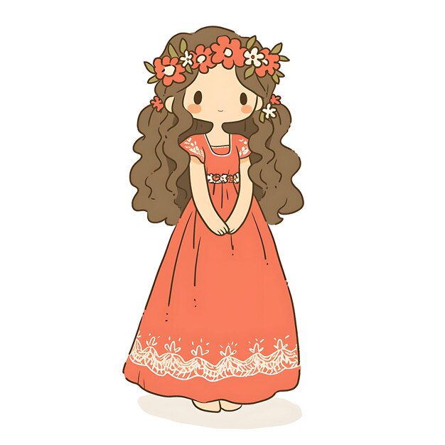 Mujer joven bohemia en vestido maxi de coral con detalle de crochet pegatina aislada arte de anime Kawaii lindo