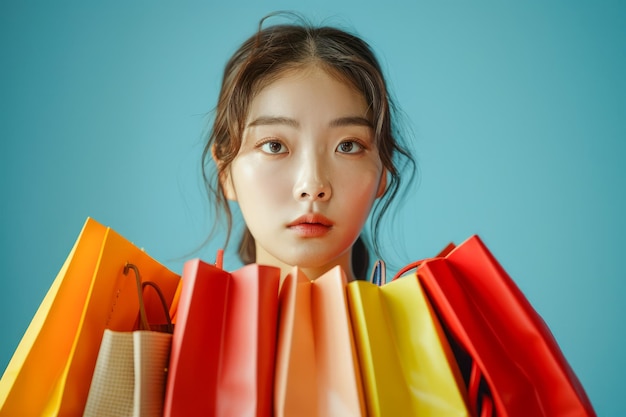 Mujer joven con bolsas de compras coloridas en un fondo azul vibrante Retail de moda y