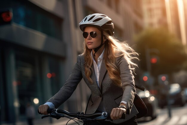 Foto mujer joven y bonita con una bicicleta eléctrica moderna, transporte urbano limpio y sostenible