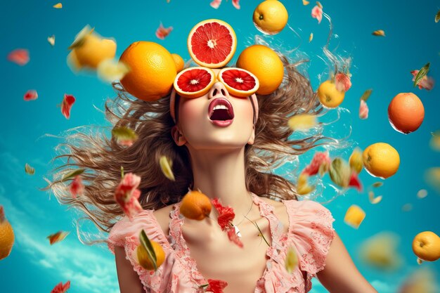 Foto mujer joven bonita con gafas de sol con frutas voladoras que disfruta del verano en el fondo del cielo