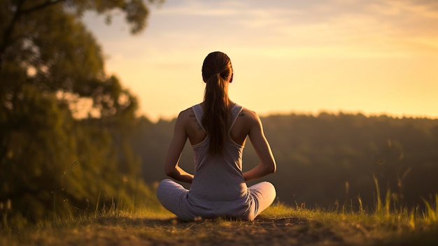 mujer joven bonita haciendo yoga en la naturaleza tiempo de yoga en la natura mujer relajándose en la naturaleza