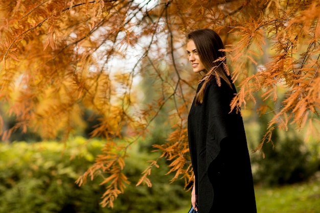 Mujer joven y bonita en el parque de otoño