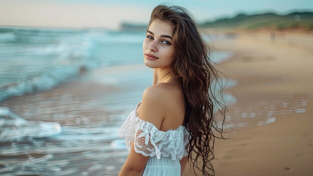 Una mujer joven bonita en la playa retrato de una chica bonita escena de la playa