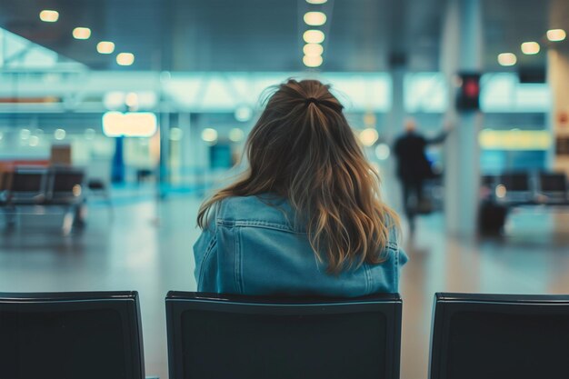 Foto mujer joven y bonita sentada en la zona de salón del aeropuerto esperando la vista de embarque desde la parte de atrás