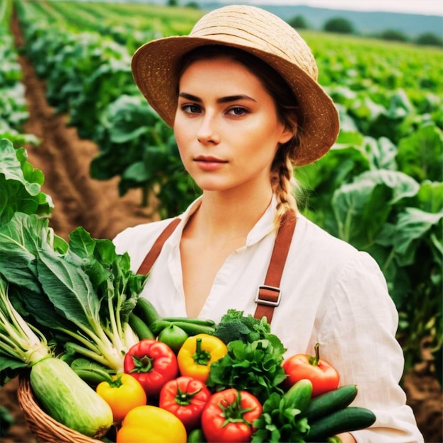Una mujer joven y bonita sonriendo mientras sostiene una canasta llena de verduras frescas en un campo exuberante