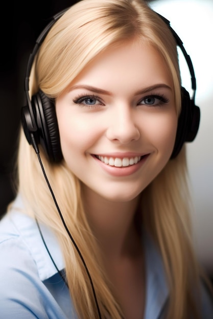 Una mujer joven y bonita sonriendo mientras usa un auricular creado con IA generativa