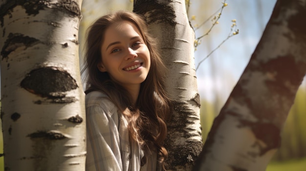 Mujer joven en un bosque de abedul en un hermoso día soleado de primavera ai generado