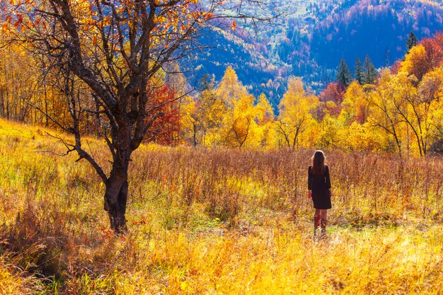 Mujer joven en el bosque de otoño