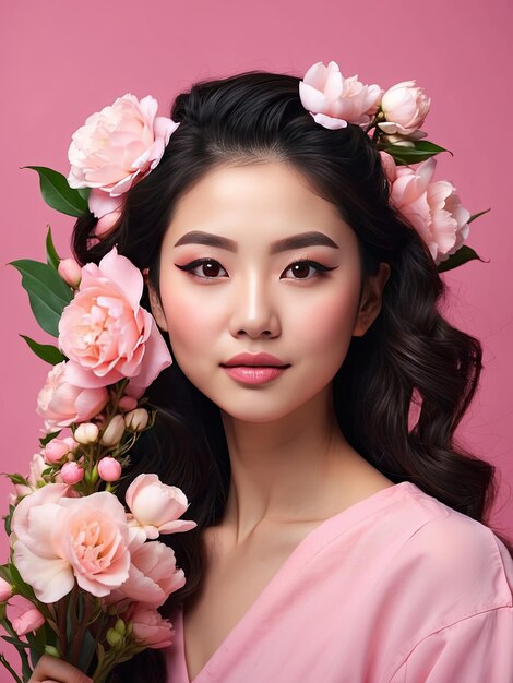 Mujer joven bruneta asiática con peinado de flores de primavera en su cabello en un fondo rosa sólido con espacio de copia belleza femenina retrato maquillaje peinado estilista energía femenina IA genetizada