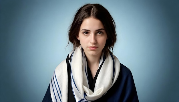 Foto una mujer joven con una bufanda azul y blanca tallit