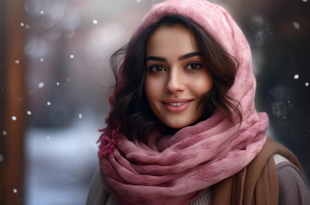 Mujer joven con una bufanda en una escena de invierno