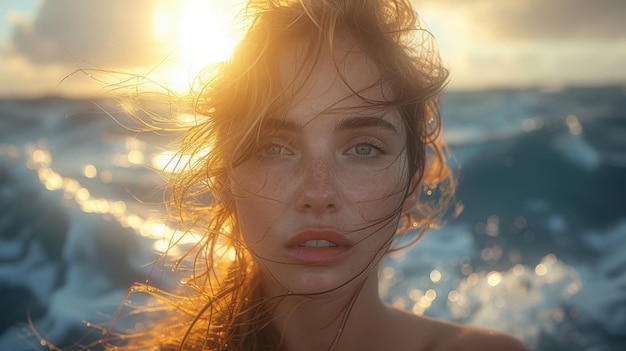 Una mujer joven con el cabello azotado por el viento contra un telón de fondo del océano iluminado por el sol generado por la IA