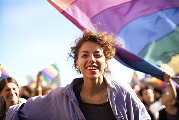 mujer joven con cabello castaño medio corto sonriendo y mirando a la cámara con orgullo defendiendo los derechos lgtbiq