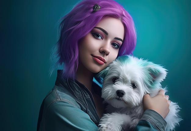 una mujer joven con cabello de color pastel y un perro blanco en la mano en el estilo de violeta y cian