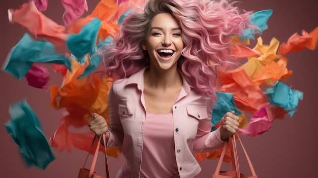 mujer joven de cabello colorido con tela colorida en estilo moderno sosteniendo bolsas de compras coloridas