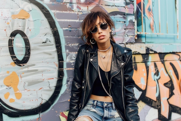 Foto una mujer joven con cabello corto y una expresión de confianza está de pie frente a una pared de graffiti