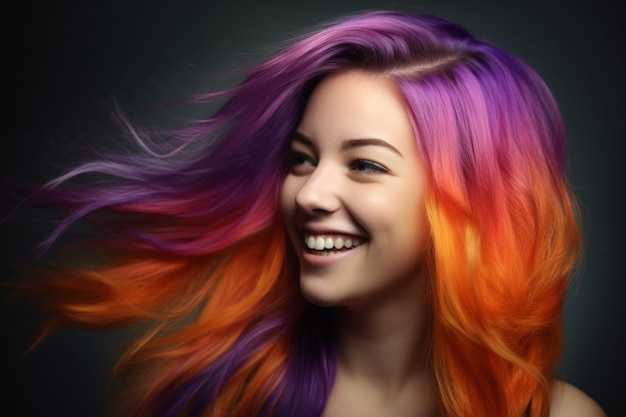 Mujer joven con cabello largo en color violeta y naranja con IA Generativa