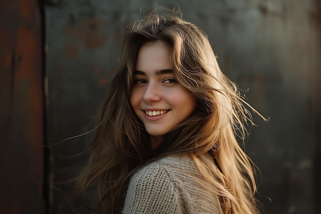 Mujer joven con cabello largo y ondulado y una bonita sonrisa 1