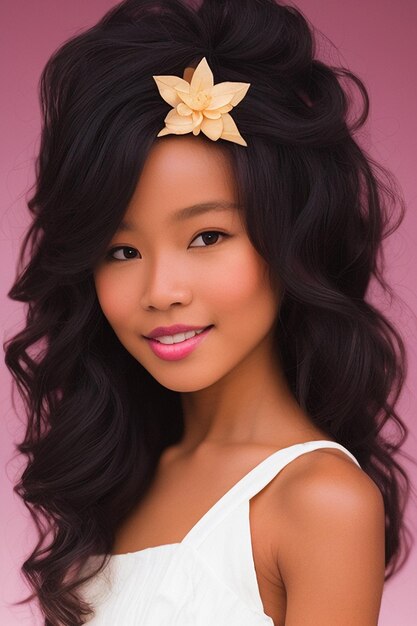 Una mujer joven con el cabello largo y oscuro y una flor en el cabello