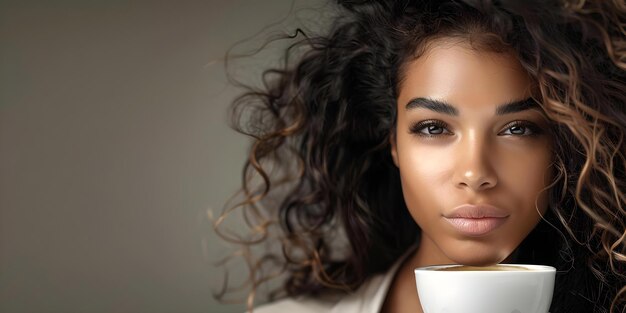 Mujer joven con cabello largo y rizado en ropa formal disfrutando de café Fotografía de retrato conceptual Estilo de vida Contenido Moda Editorial Cultura del café Estilo profesional