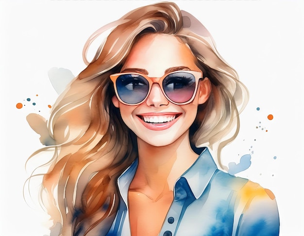 Mujer joven con cabello largo sonriendo con gafas aisladas en blanco Ilustración artística en acuarela