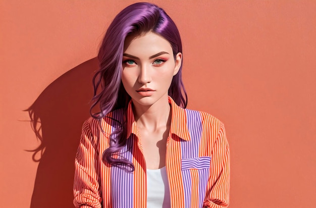 Mujer joven con cabello morado en chaqueta Retrato de mujer hermosa con imagen brillante IA generativa