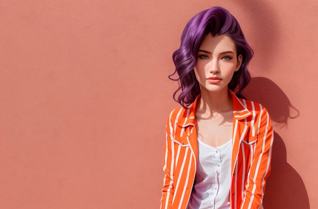 Mujer joven con cabello morado en chaqueta Retrato de mujer hermosa con imagen brillante IA generativa